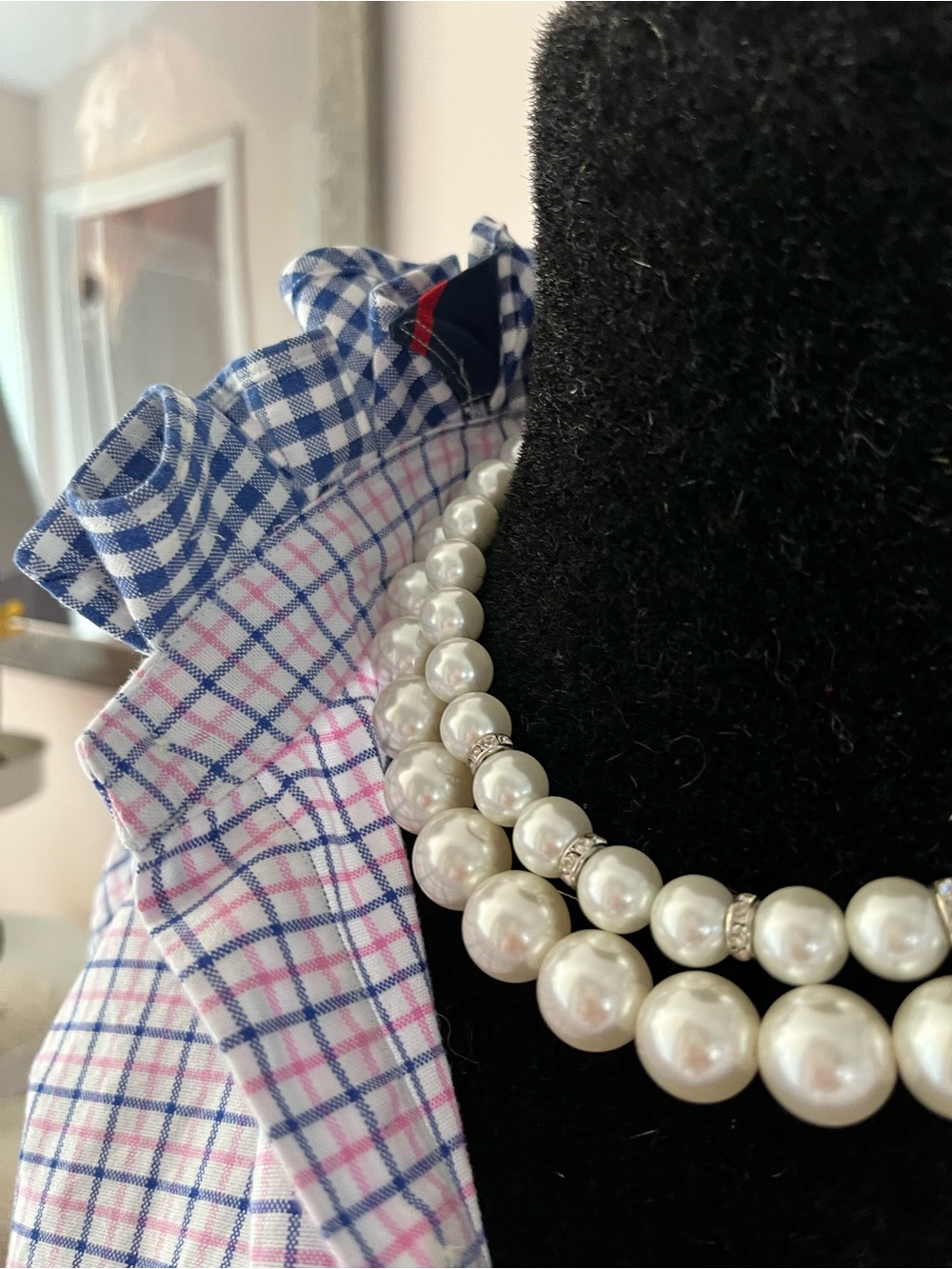 Redesigned Ralph Lauren Men’s Pink & Blue Plaid Button-Down Shirt Ruffle Collar - Picture 4 of 7
